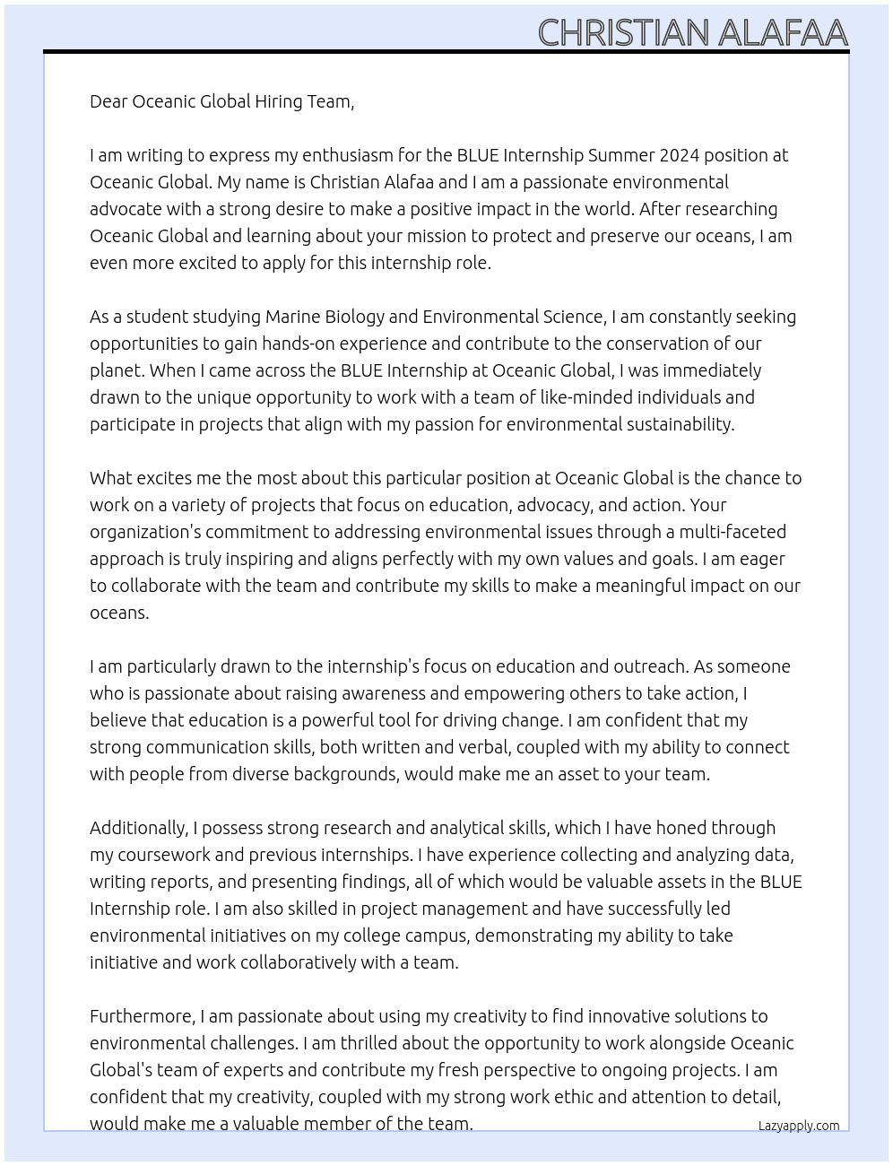 BLUE INTERNSHIP SUMMER 2024 At Oceanic Global Cover Letter