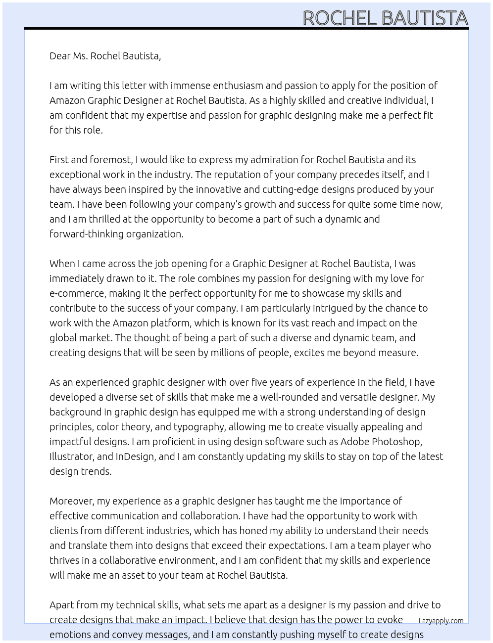 Amazon Graphic Designer At Rochel Bautista Cover Letter