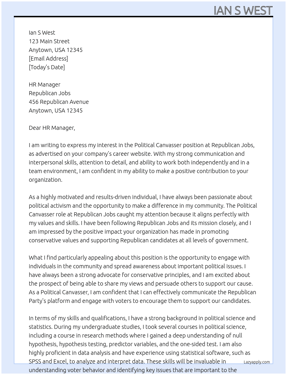 Political Canvasser   At Republican Jobs Cover Letter
