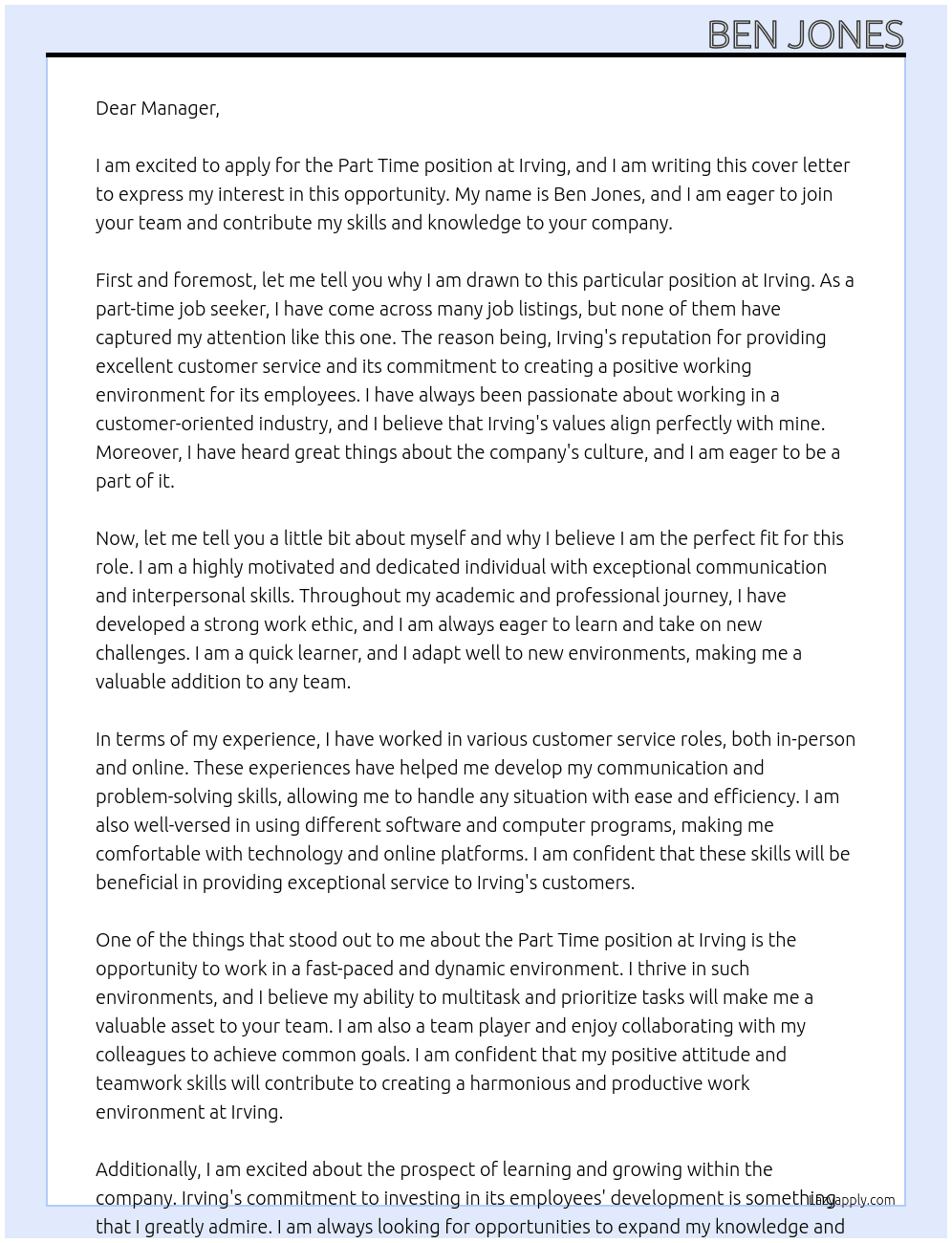 Part Time At Irving Cover Letter