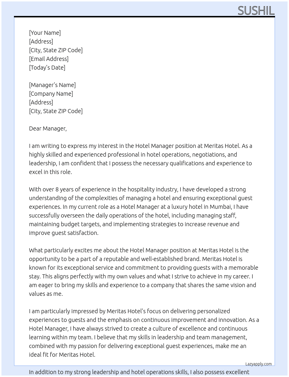 hotel manager At Meritas Hotel Cover Letter
