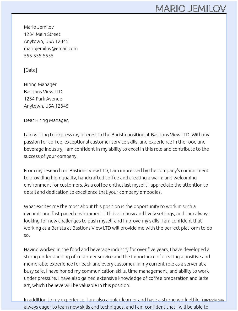 Barista  At Bastions View LTD Cover Letter