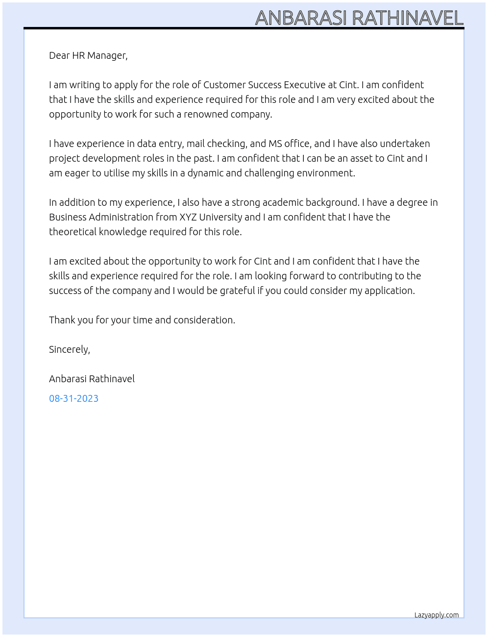 Customer Success Executive At Cint Cover Letter