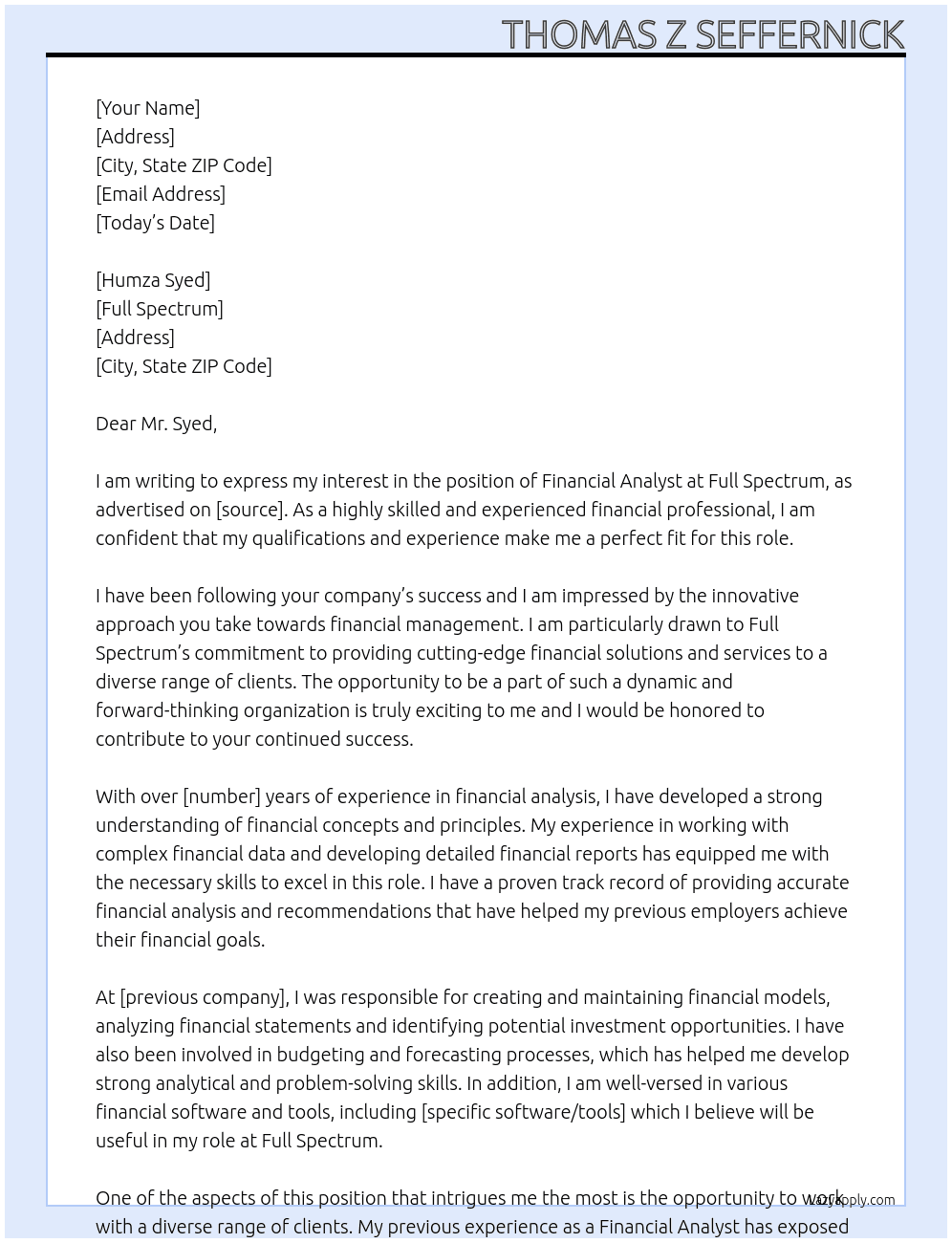 FINANCIAL ANALYST At Full Spectrum Cover Letter