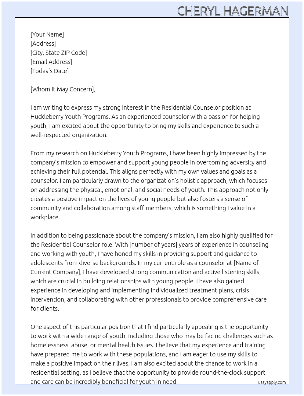 Residential Counselor At Huckleberry Youth Programs Cover Letter