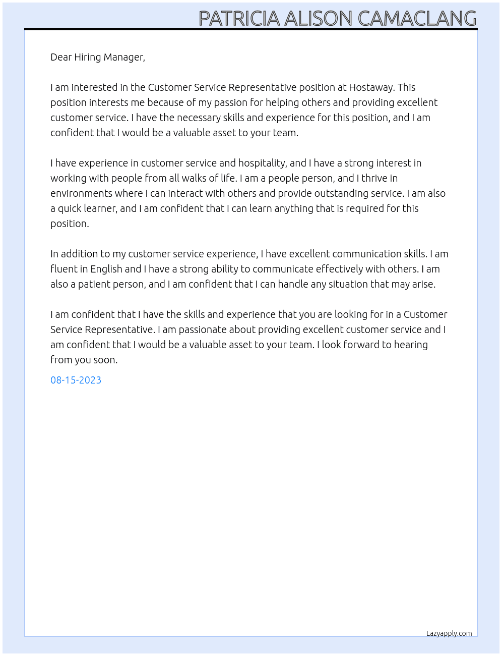 Customer Service Representative At Hostaway Cover Letter