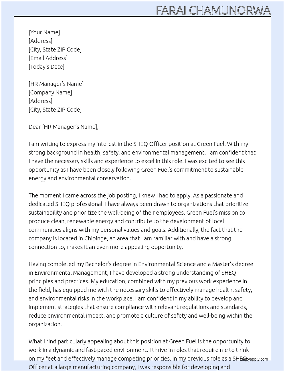 SHEQ Officer  At Green fuel Cover Letter