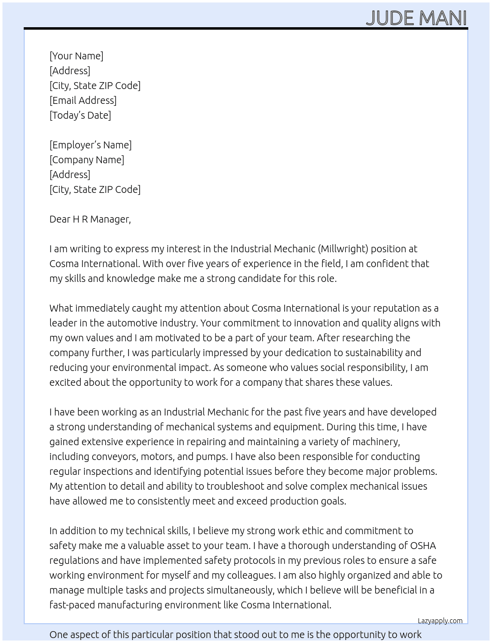 Industrial Mechanic (Millwright) At Cosma International Cover Letter