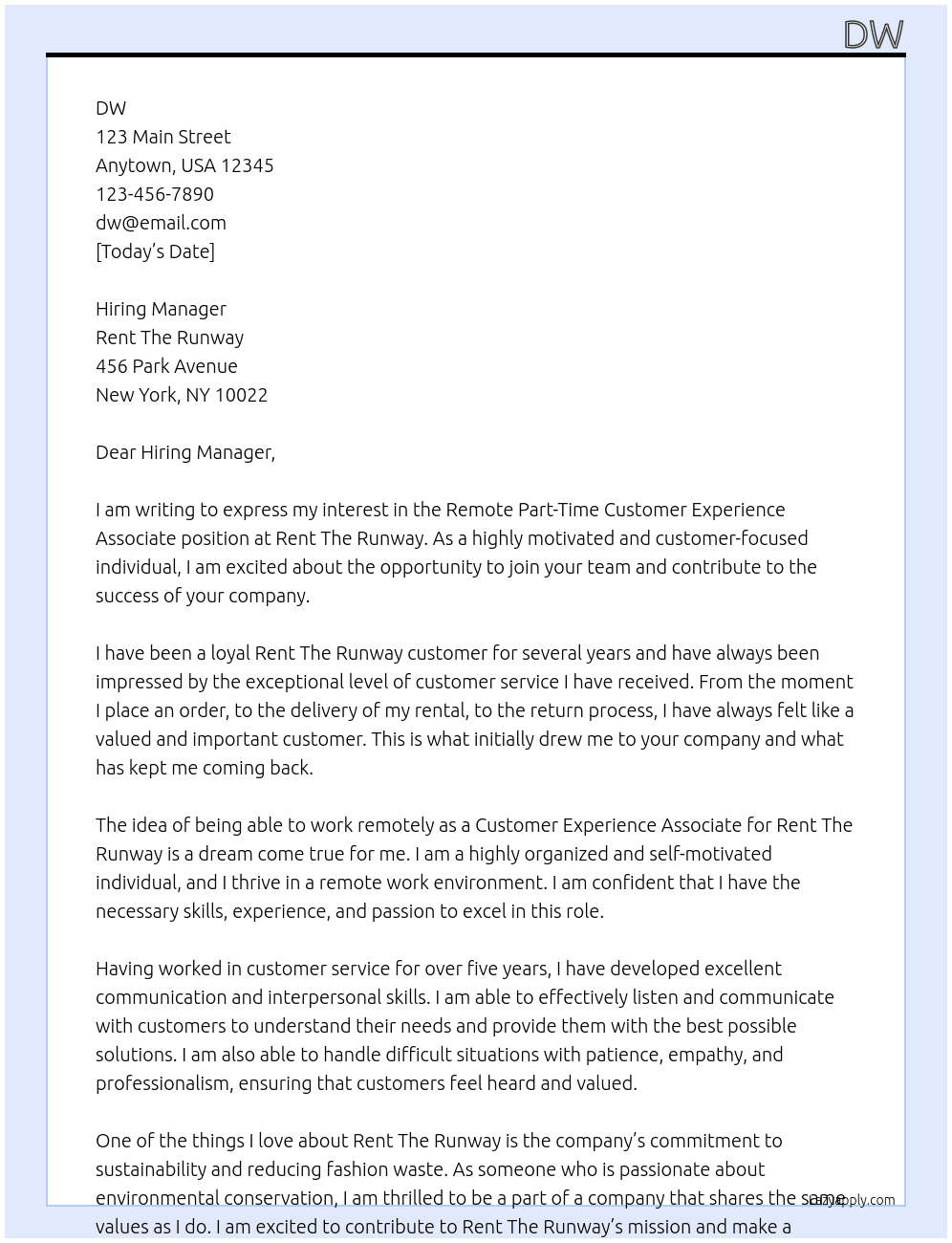Remote Part-Time Customer Experience Associate At Rent The Runway Cover Letter