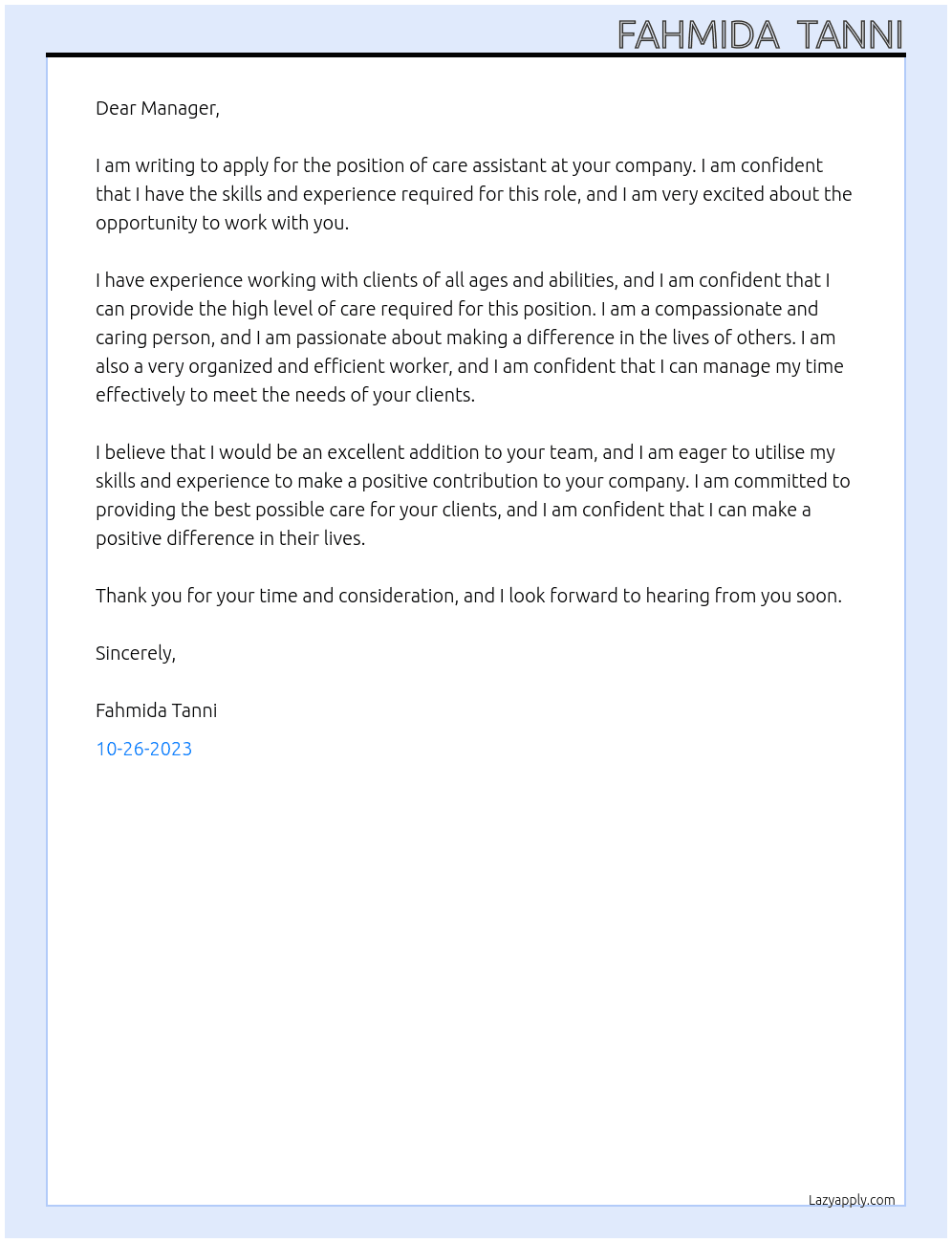 care assistant At care assitant Cover Letter
