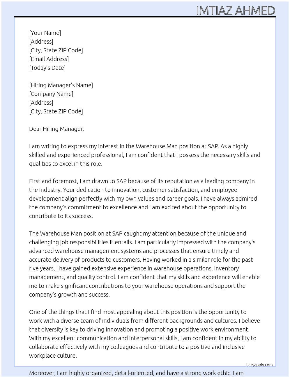 Warehouse Man At SAP Cover Letter