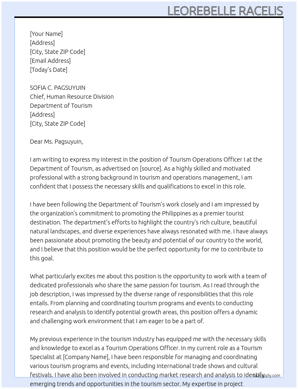 Tourism Operations Officer I  At Department of Tourism Cover Letter