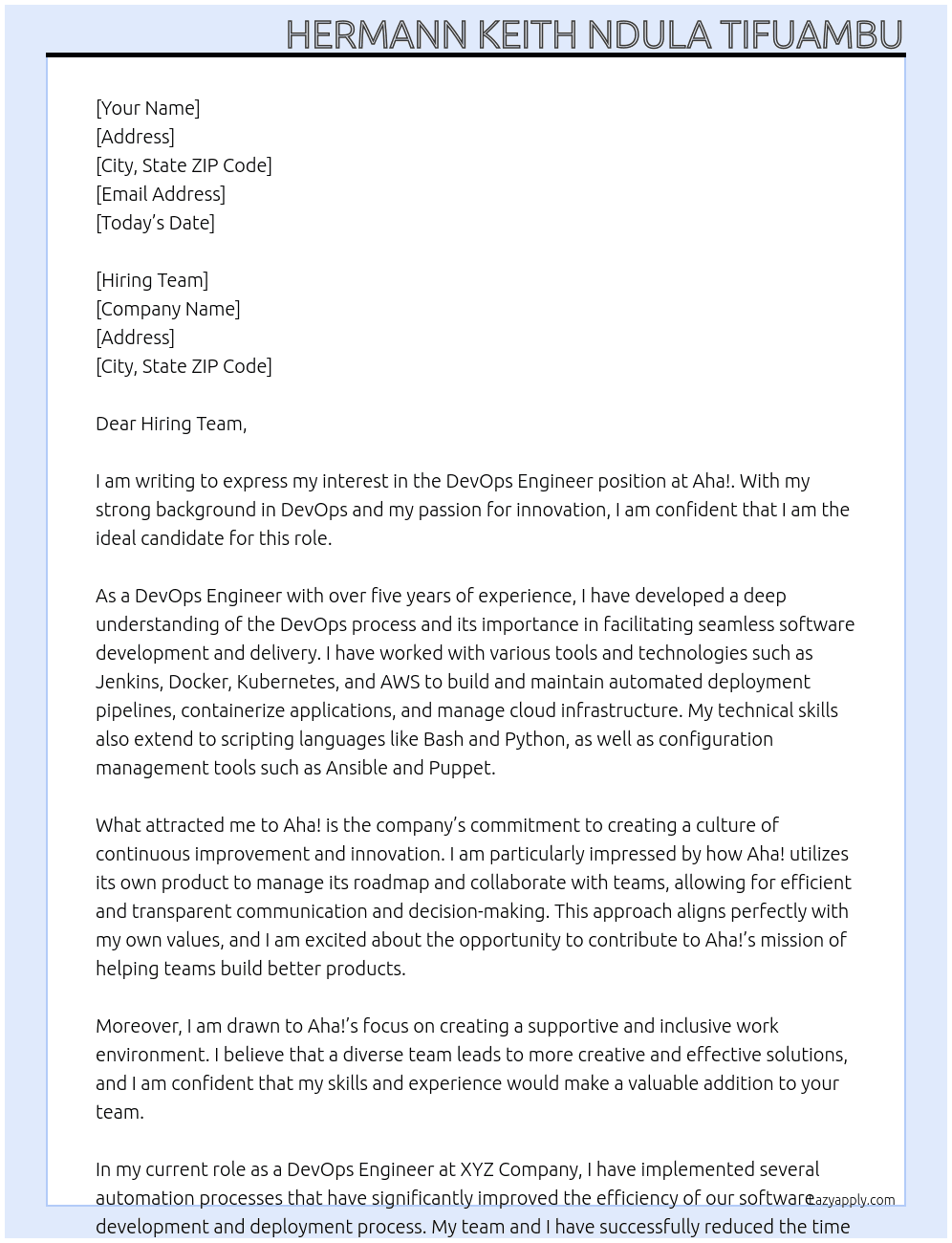 DevOps Engineer At Aha! Cover Letter