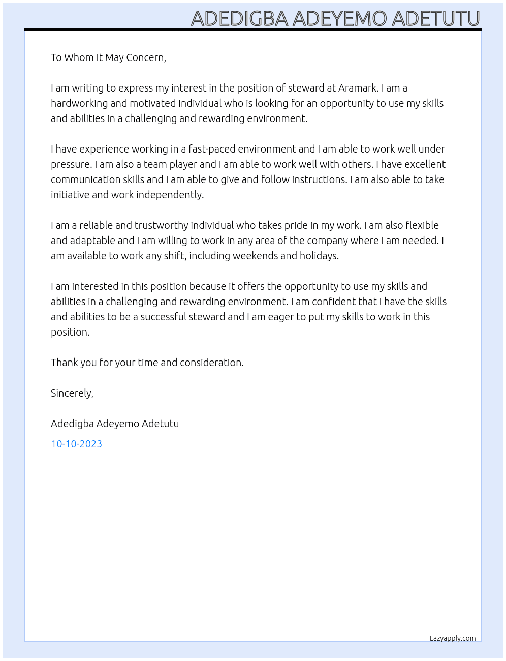 steward At Aramark  Cover Letter