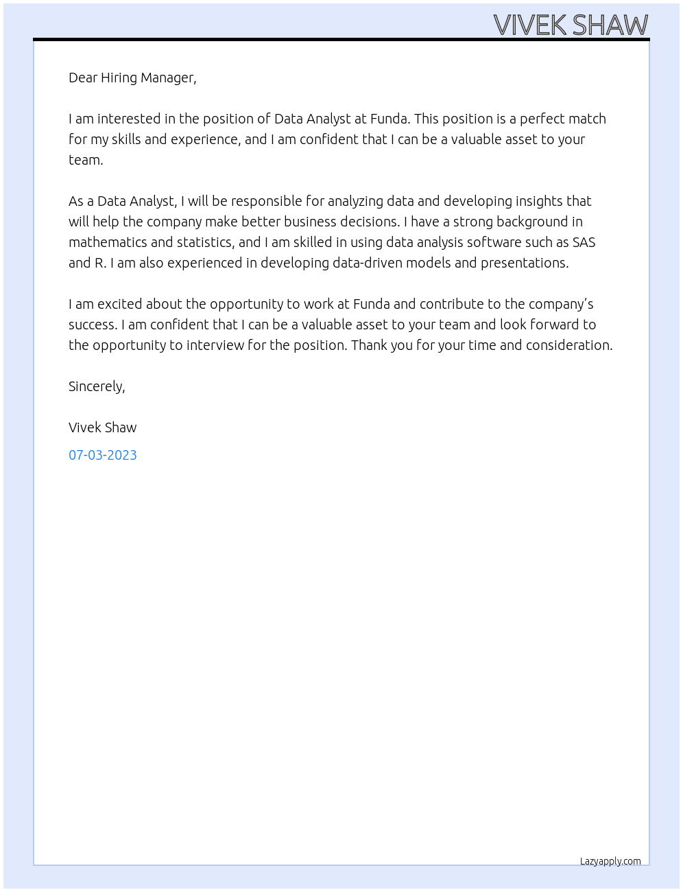 Data Analyst At Funda Cover Letter