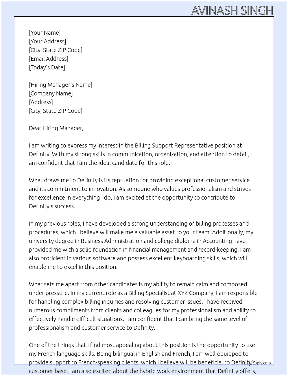 Billing Support Representative At Definity Cover Letter