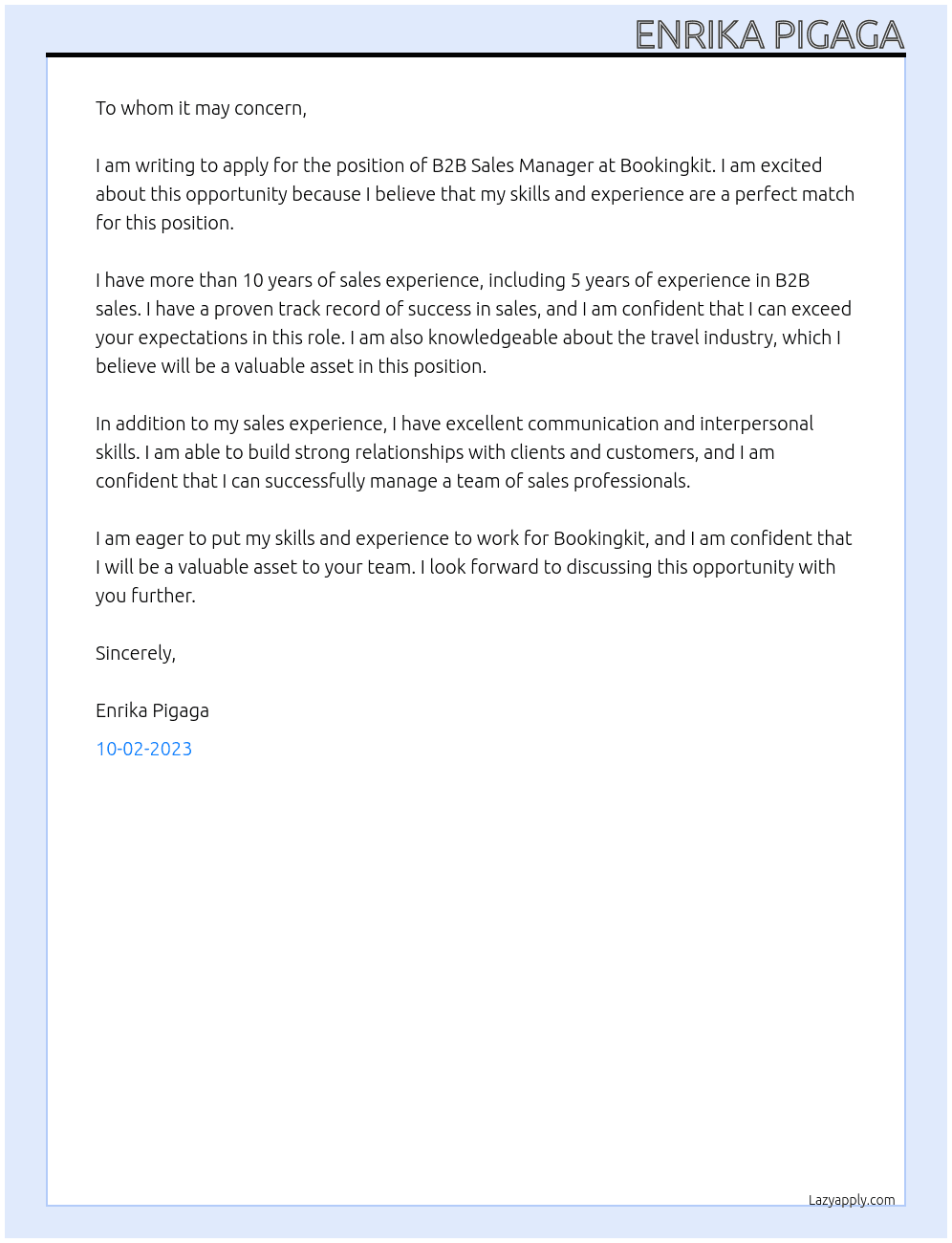 B2B Sales Manager At bookingkit Cover Letter