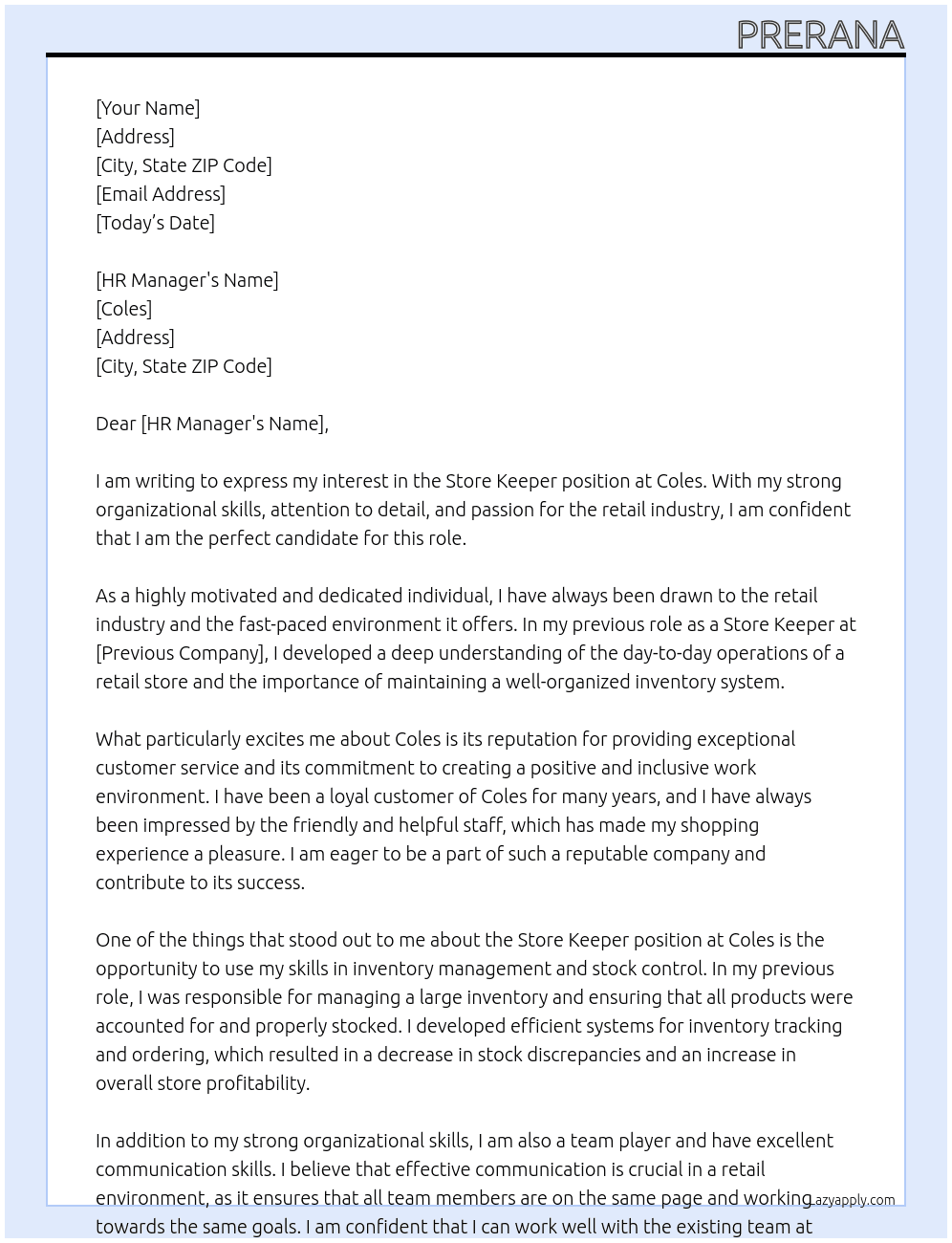 store keeper At coles Cover Letter