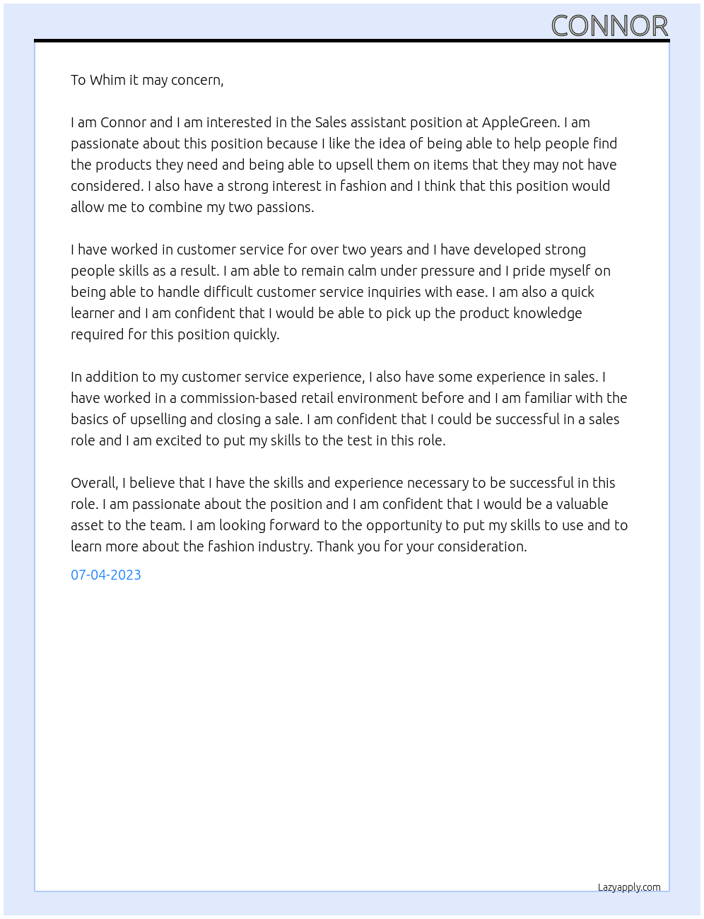 Sales assistant  At AppleGreen  Cover Letter