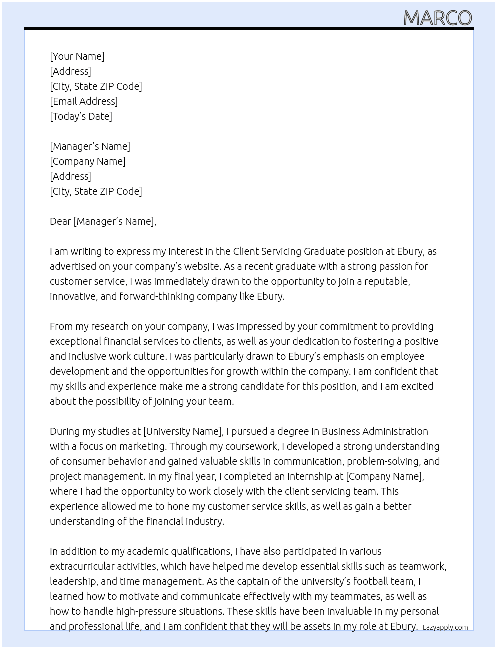 Client Servicing graduate  At Ebury Cover Letter