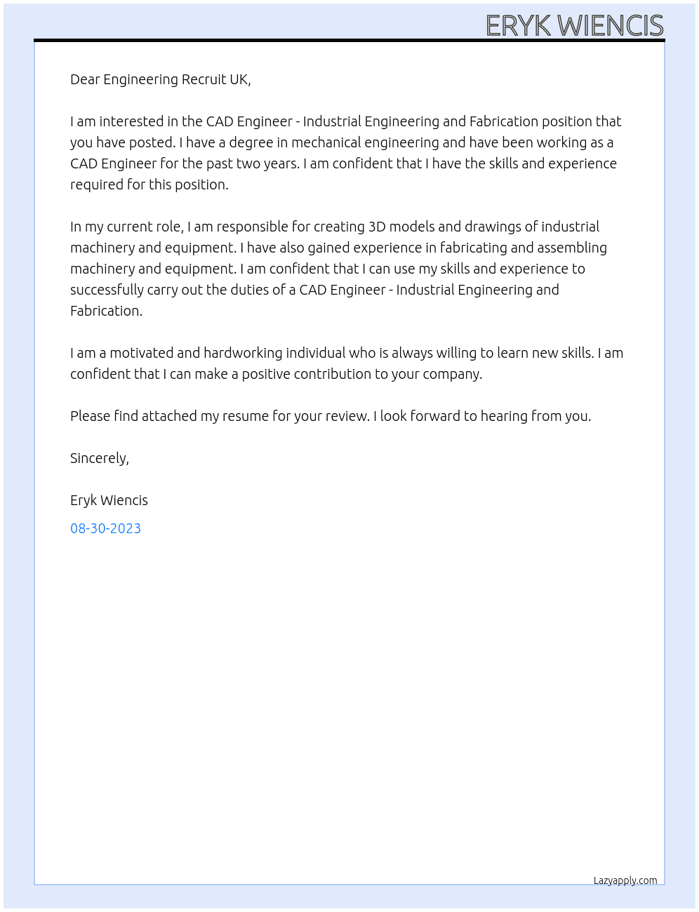 CAD Engineer - Industrial Engineering and Fabrication At Engineering Recruit Uk Cover Letter