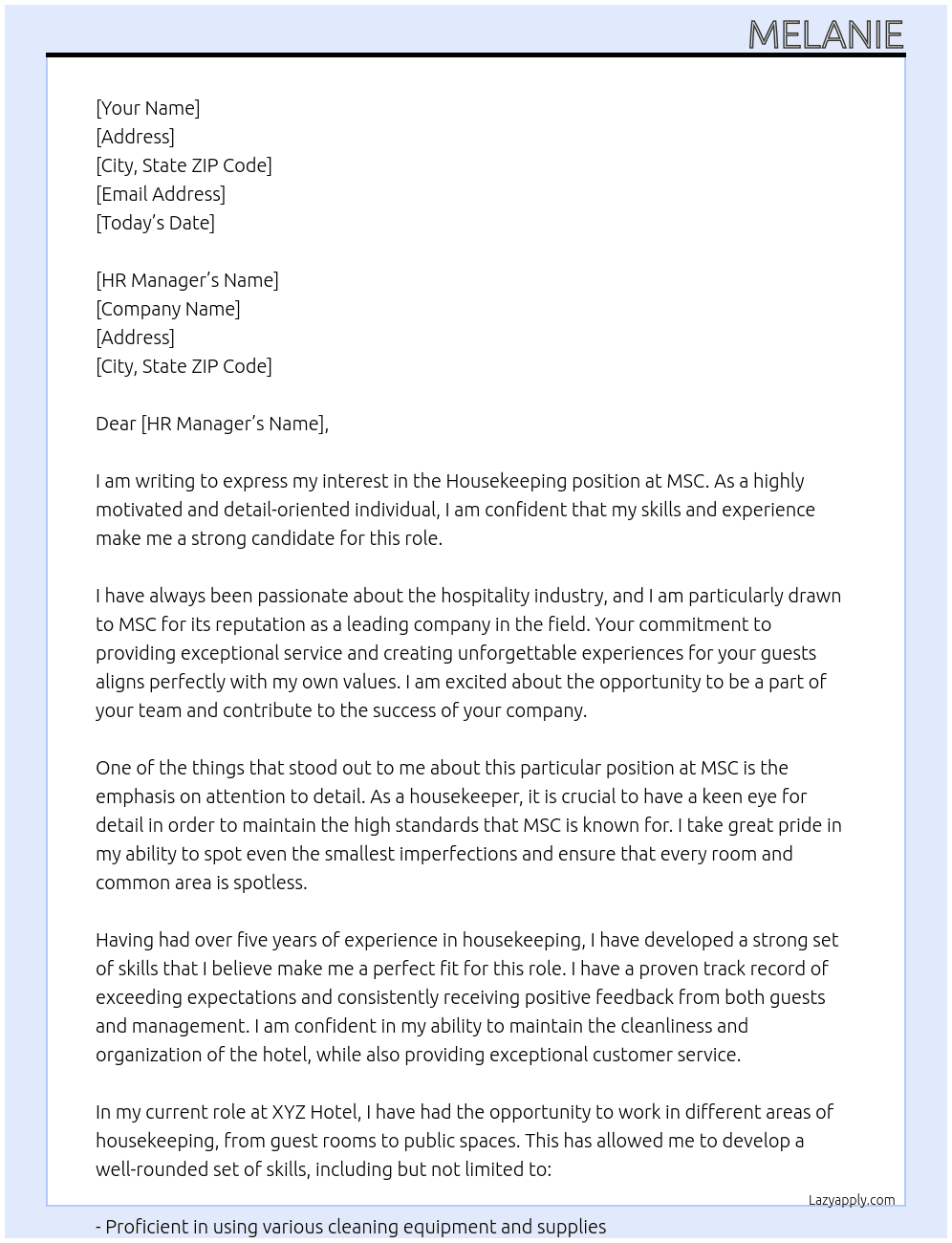 housekeeping At msc Cover Letter