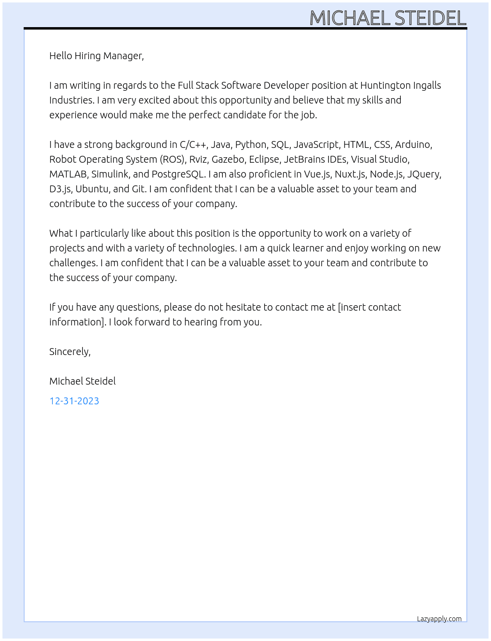 Full Stack Software Developer At Huntington Ingalls Industries Cover Letter
