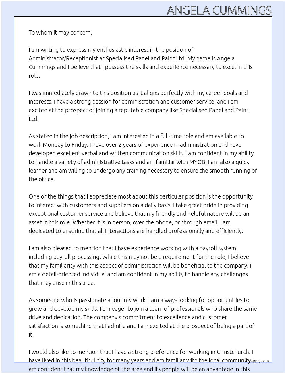 Administrator/Reception At Specialised Panel and Paint Ltd Cover Letter