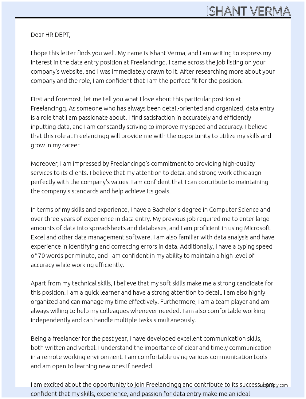 data entry At freelancingq Cover Letter