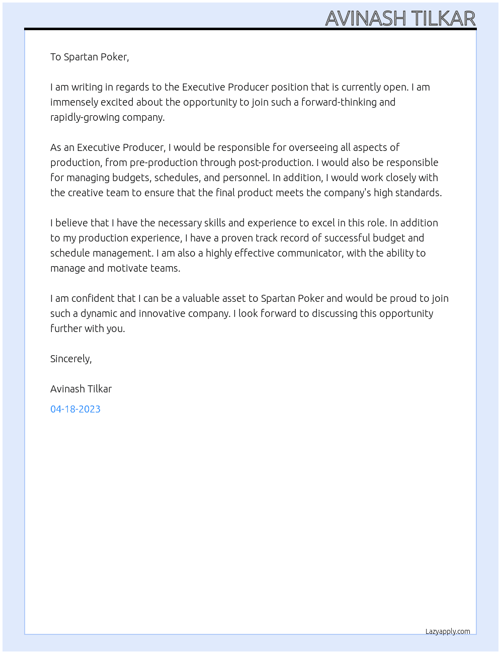 Executive Producer At Spartan Poker Cover Letter