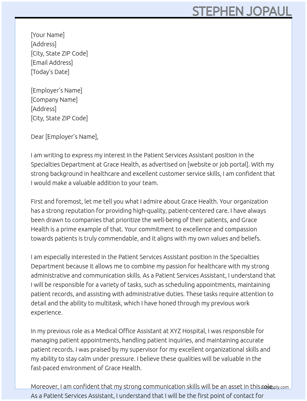 Patient Services Assistant for Specialties Department At Grace Health Cover Letter