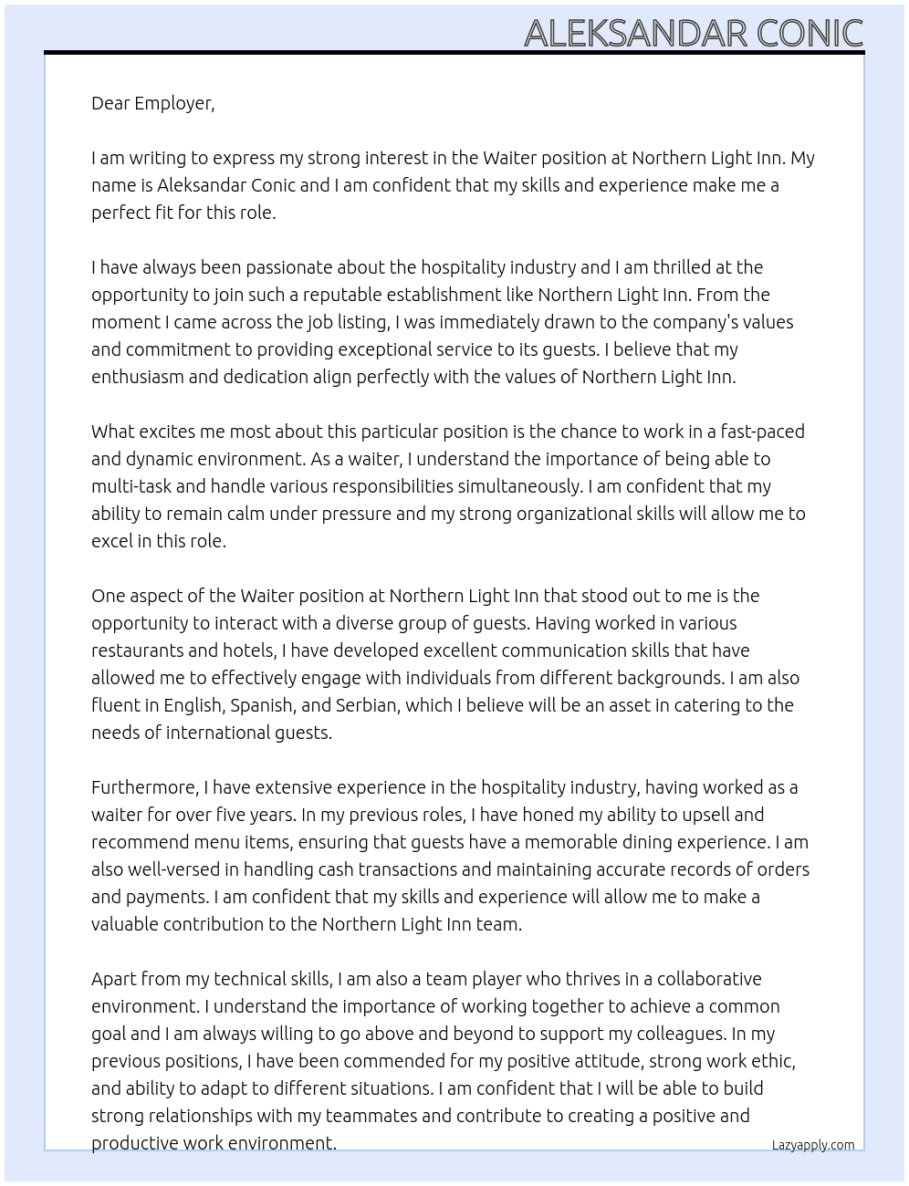 Waiter At Northern light Inn Cover Letter