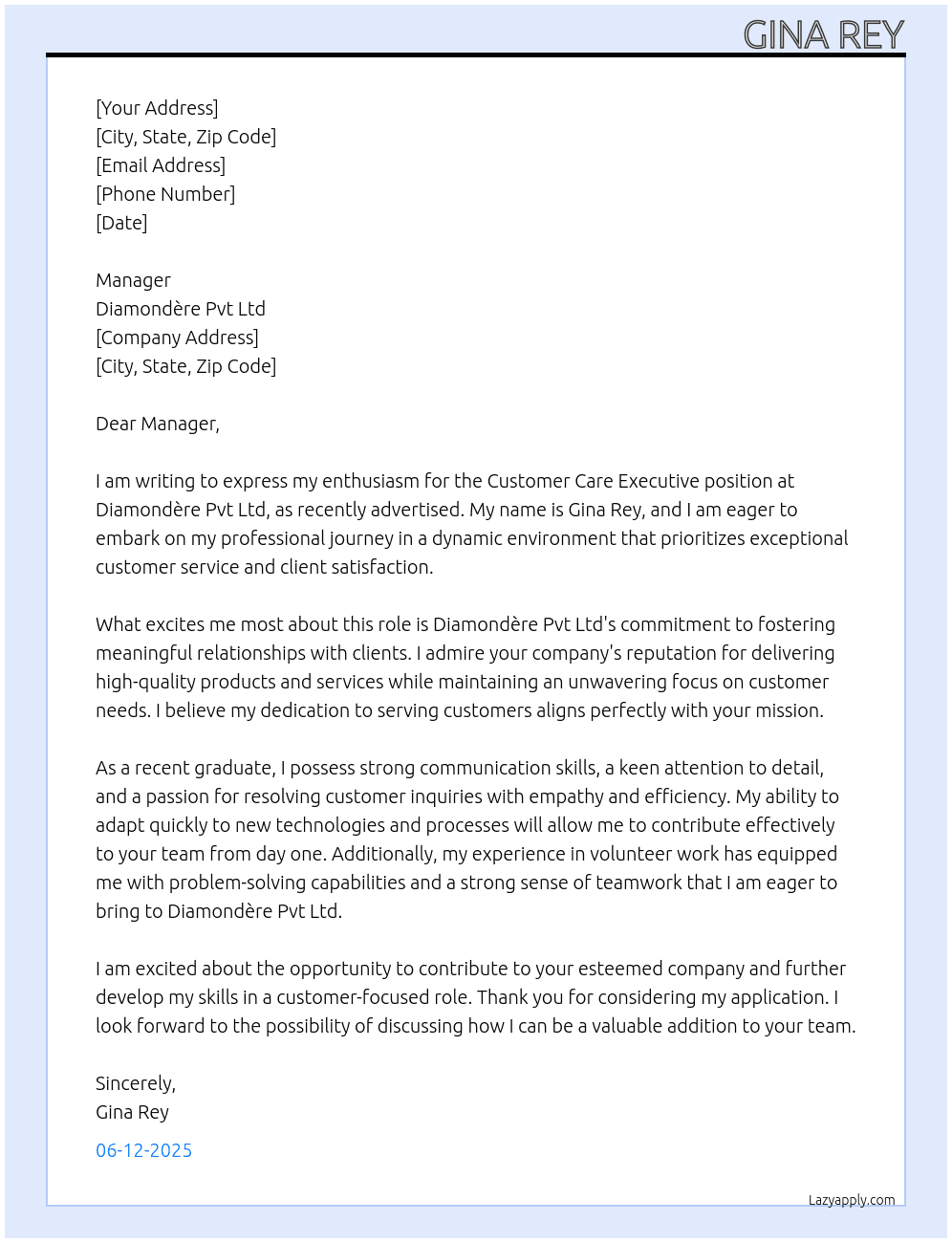 Cover letter for customer care executive - LazyApply