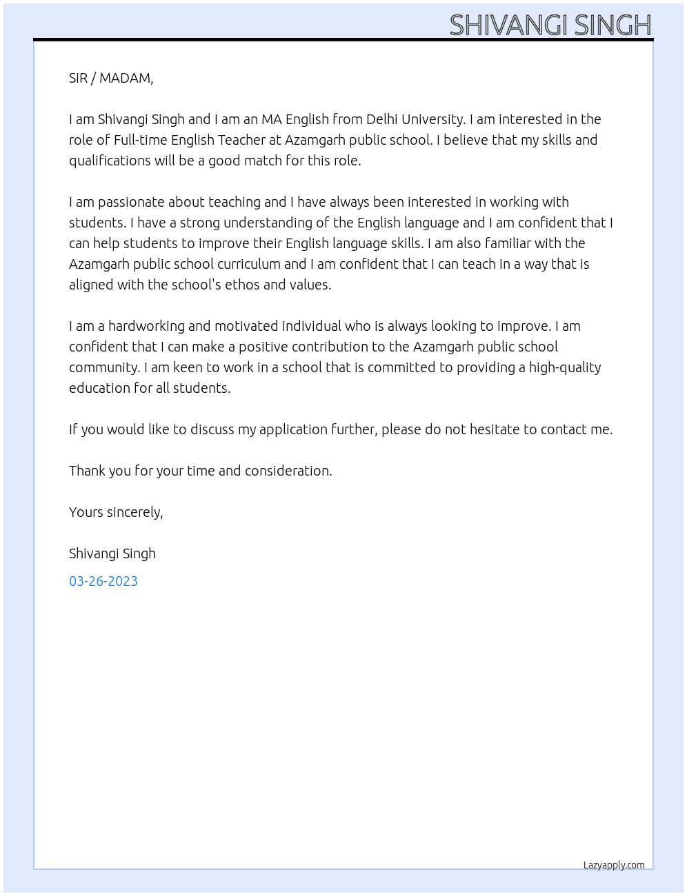 English teacher At Azamgarh public school Cover Letter