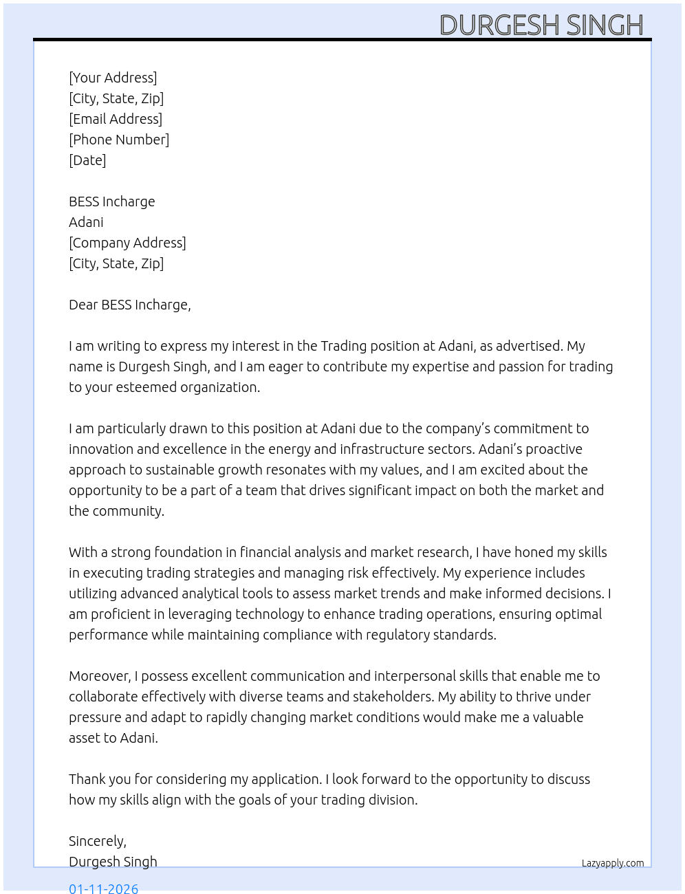 Trading  At Adani Cover Letter