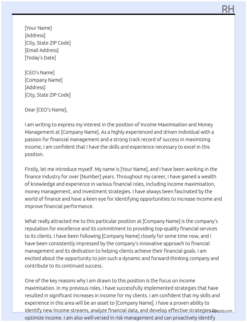 income maximisation and money management At Richmond  Cover Letter