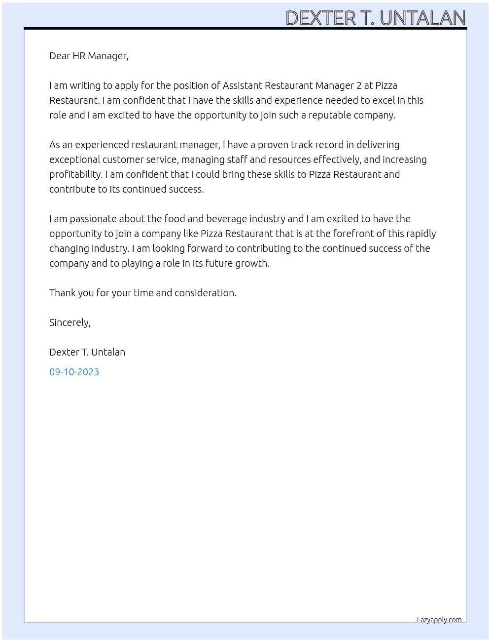 Assistant restaurant Manager 2 At Pizza Restautant Cover Letter