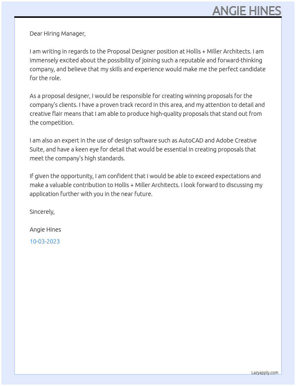 Proposal Designer At Hollis + Miller Architects Cover Letter