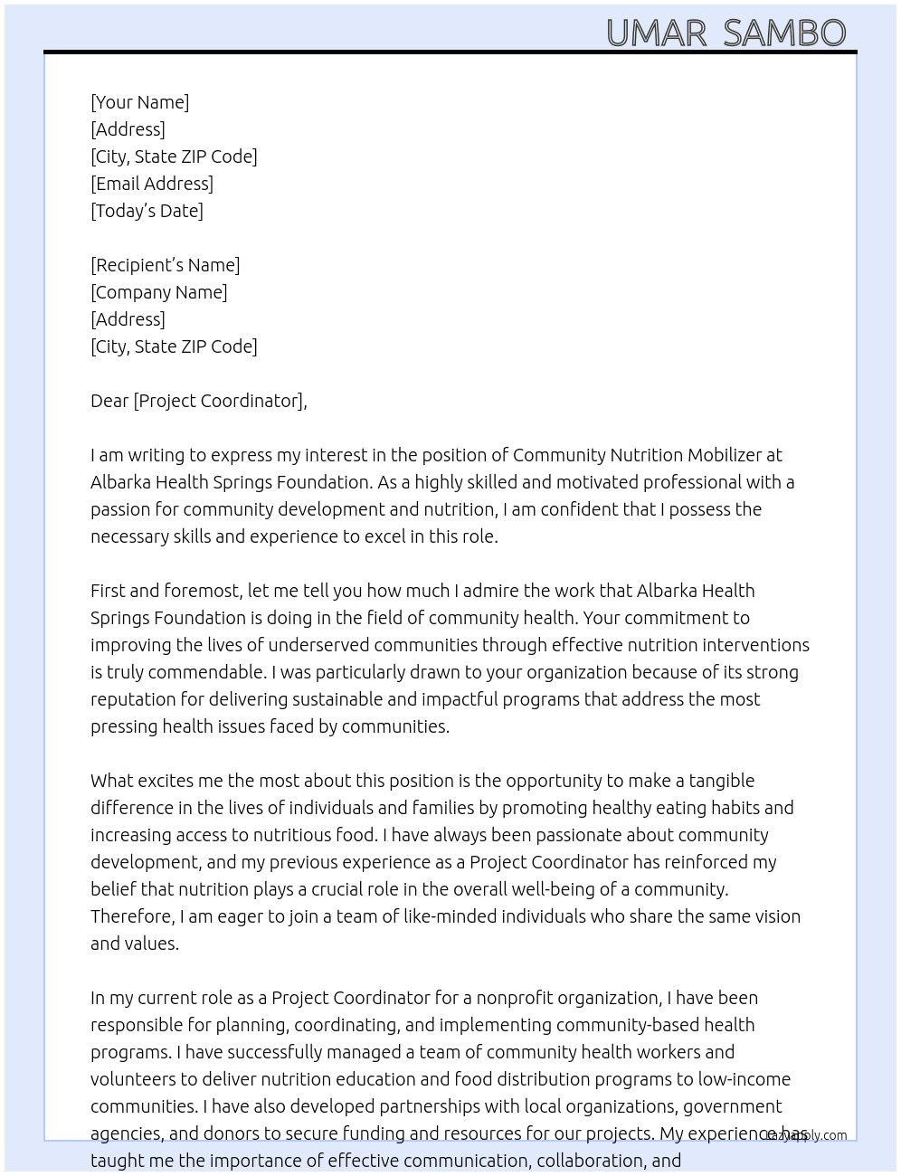 Community nutrition mobilizer At Albarka Health Springs Foundation  Cover Letter