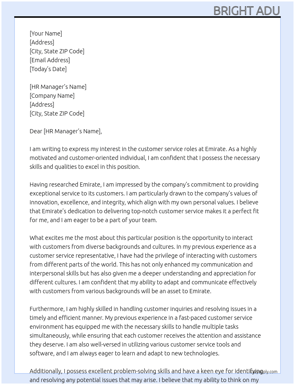 Customer service roles  At Emirate  Cover Letter