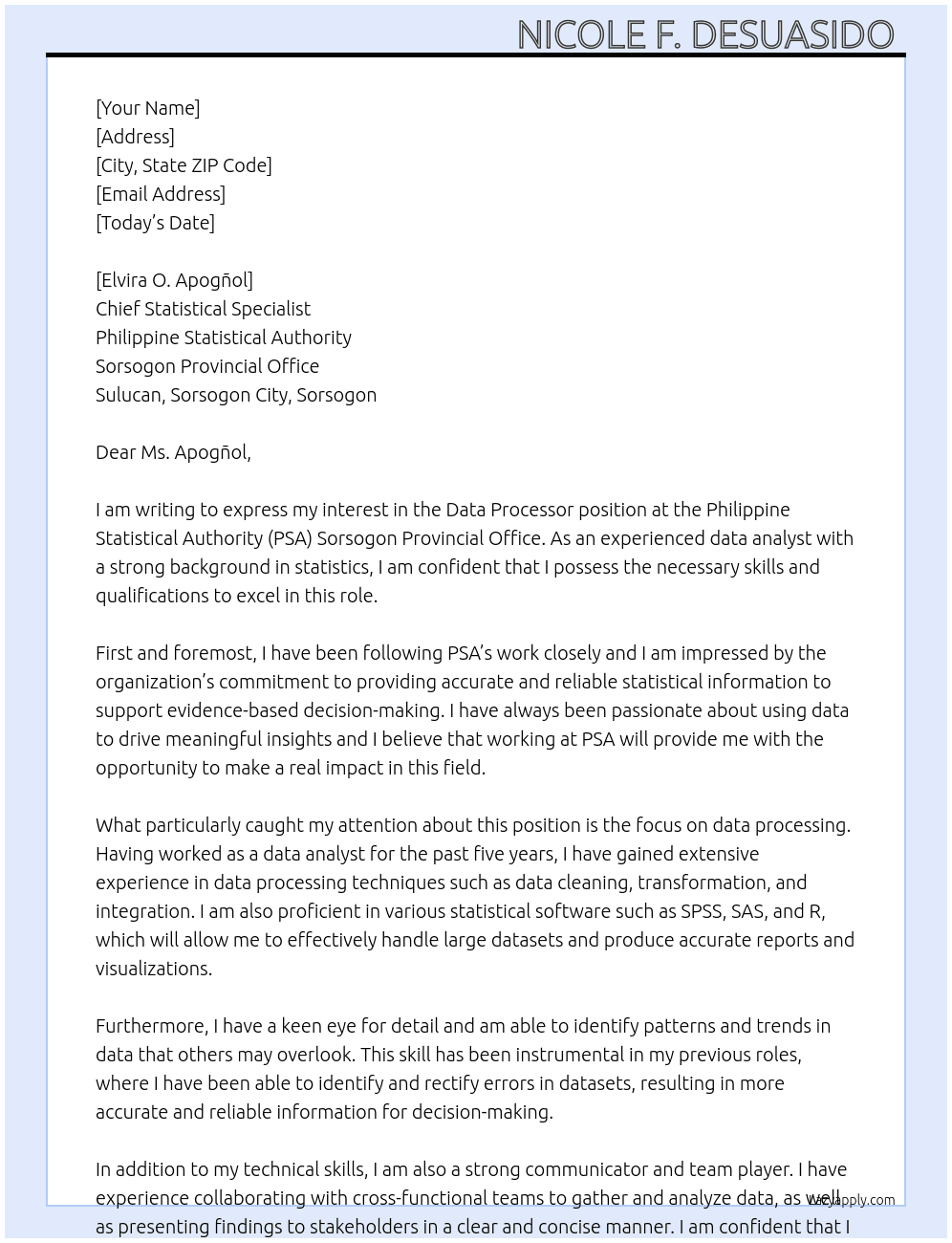 Data processor  At PSA  Cover Letter