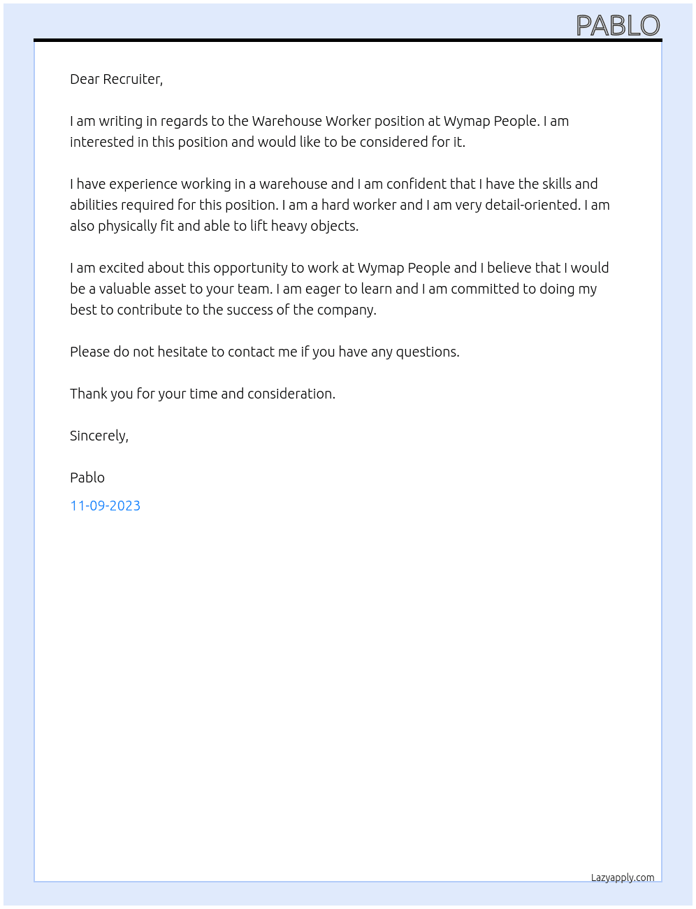 Warehouse worker At Wymap People Cover Letter