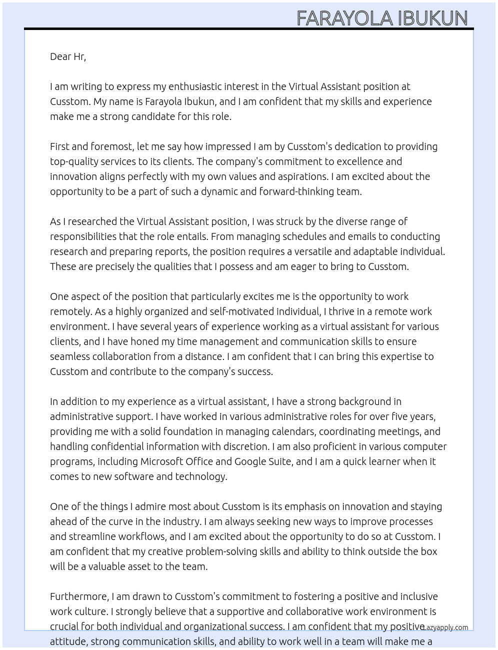 Virtual Assistant  At Cusstom Cover Letter