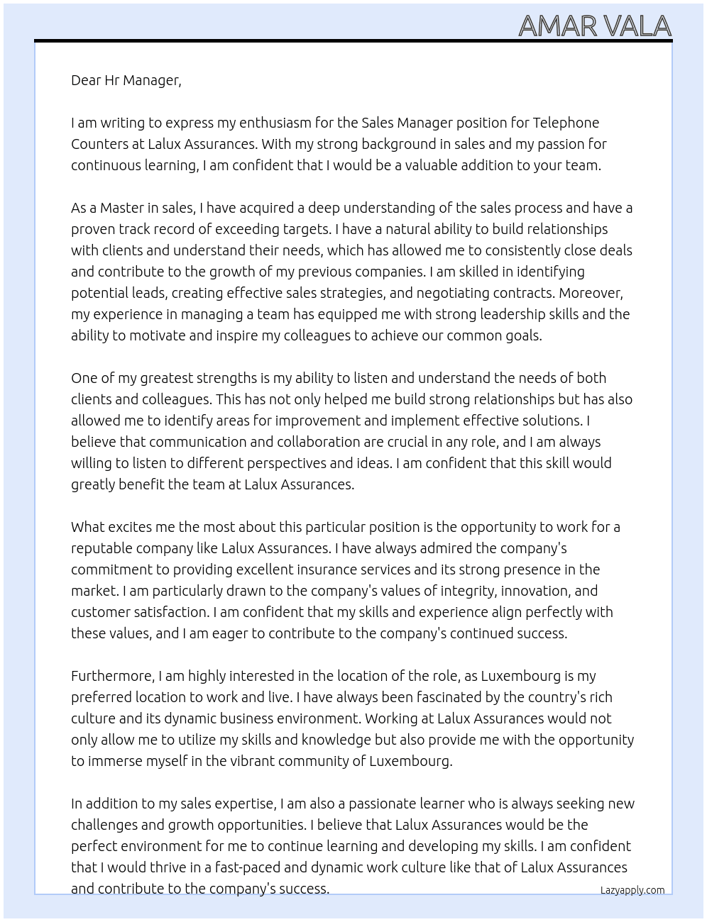 Sales Manager Telephone Counters At Lalux Assurances  Cover Letter