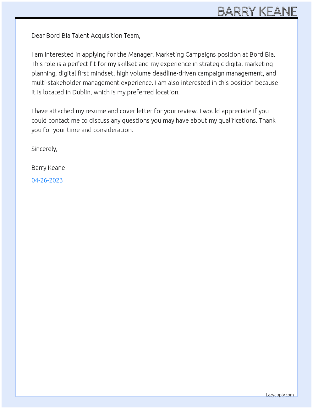 Manager, Marketing Campaigns At Bord Bia Cover Letter