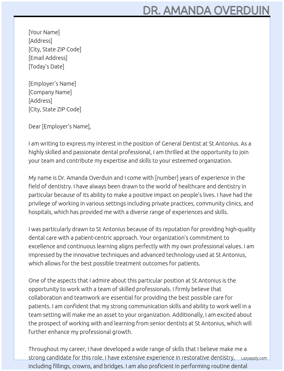 General Denitst At St Antonius  Cover Letter