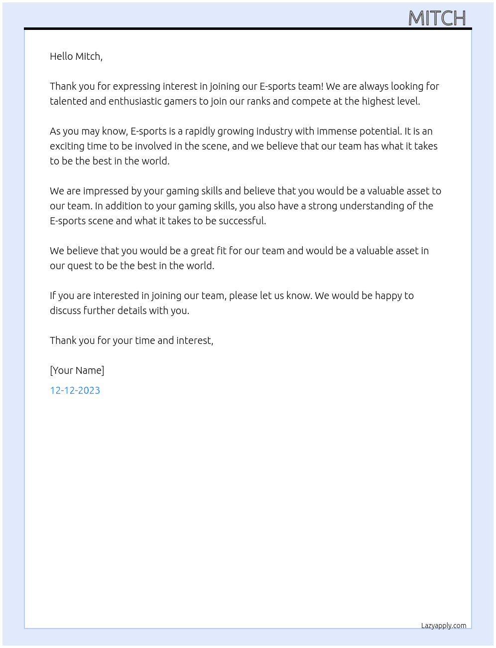 gaming At E-sports Cover Letter