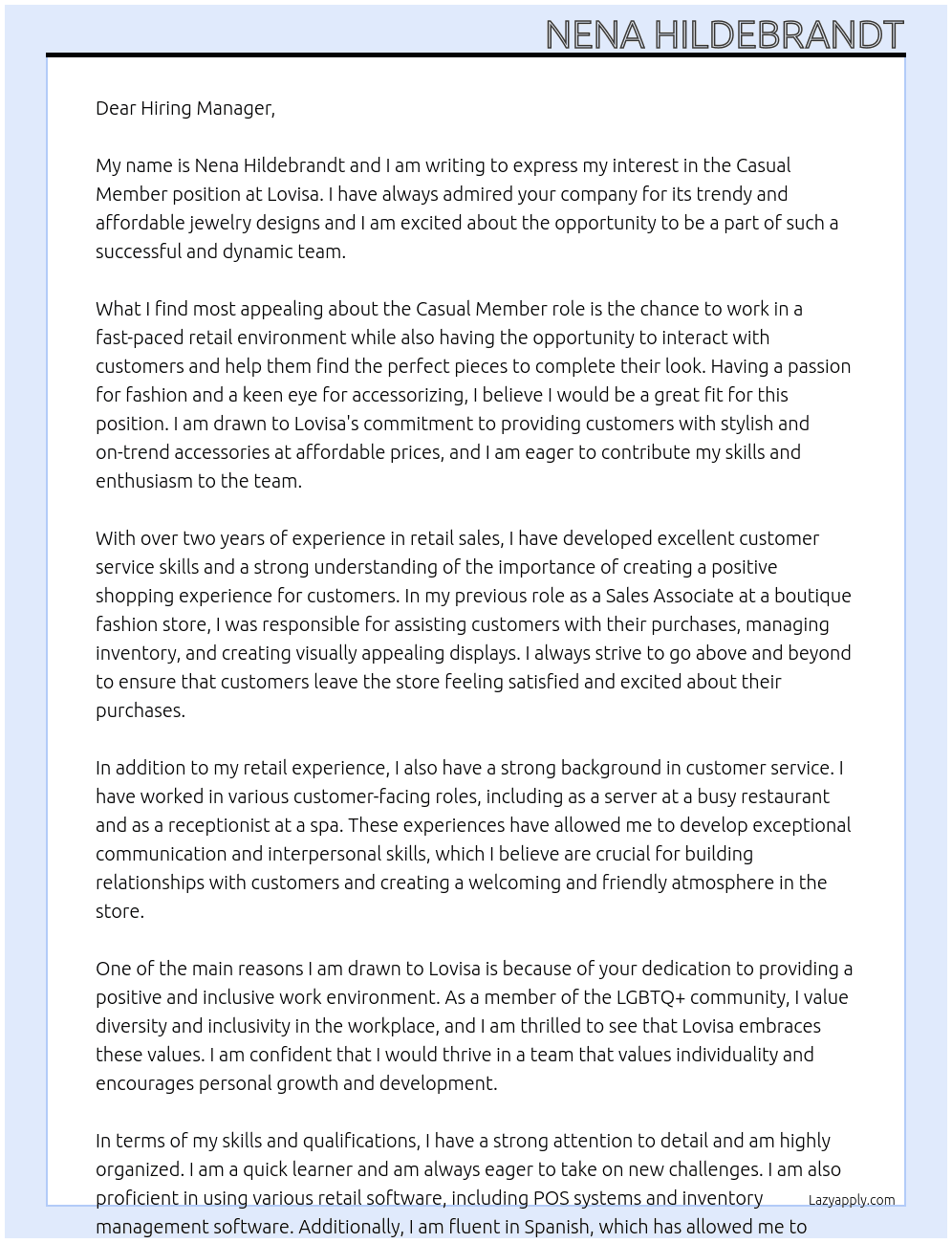 Casual Member At Lovisa Cover Letter