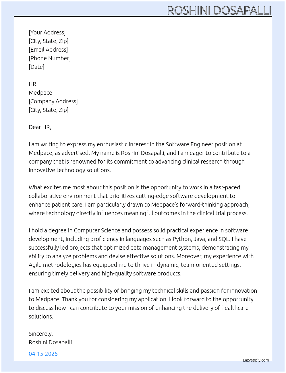 software Engineer At medpace Cover Letter