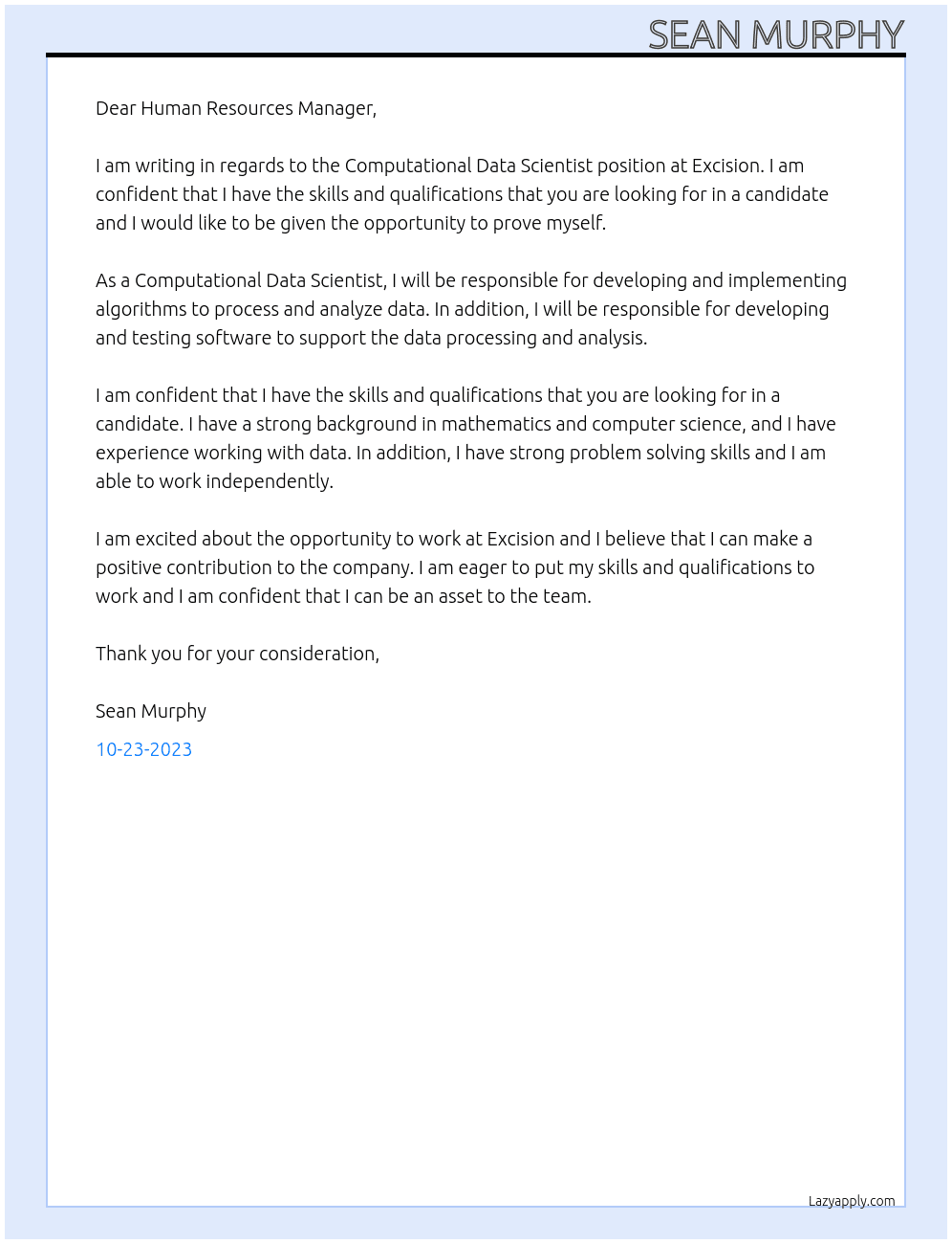 Computational Data Scientist At Excision Cover Letter